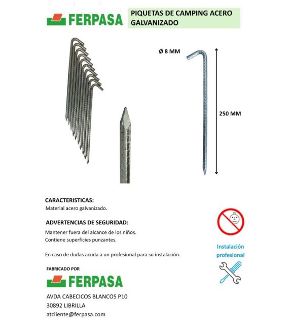 PIQUETAS DE ACERO GALVANIZADO 250X8 MM (BOLSA 10 UDS)