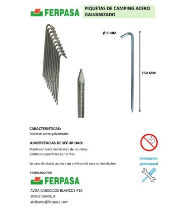 PIQUETAS DE ACERO GALVANIZADO 250X8 MM (BOLSA 10 UDS)