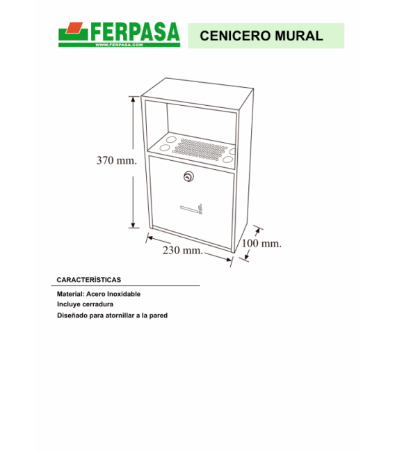CENICERO PARED REFORZADO ACERO. INOX. C/CERRADURA