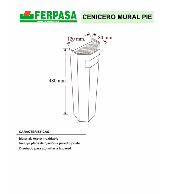 CENICERO PARED ACERO INOX. REFORZADO (48X12X8)